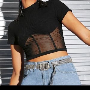Ribbed sheer mesh pipping crop top
